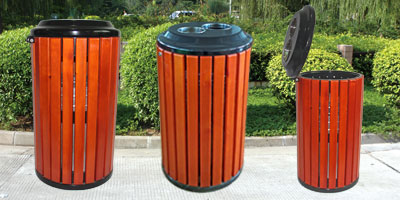 戶(hù)外街道鋼木單桶垃圾桶多角度展示圖