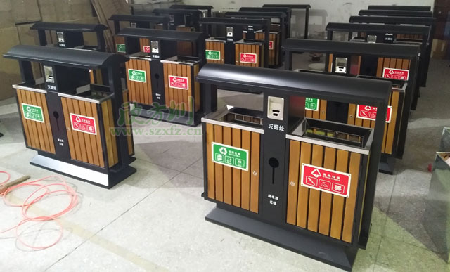 福建廈門(mén)學(xué)院戶外鋼木分類垃圾桶工廠生產(chǎn)圖